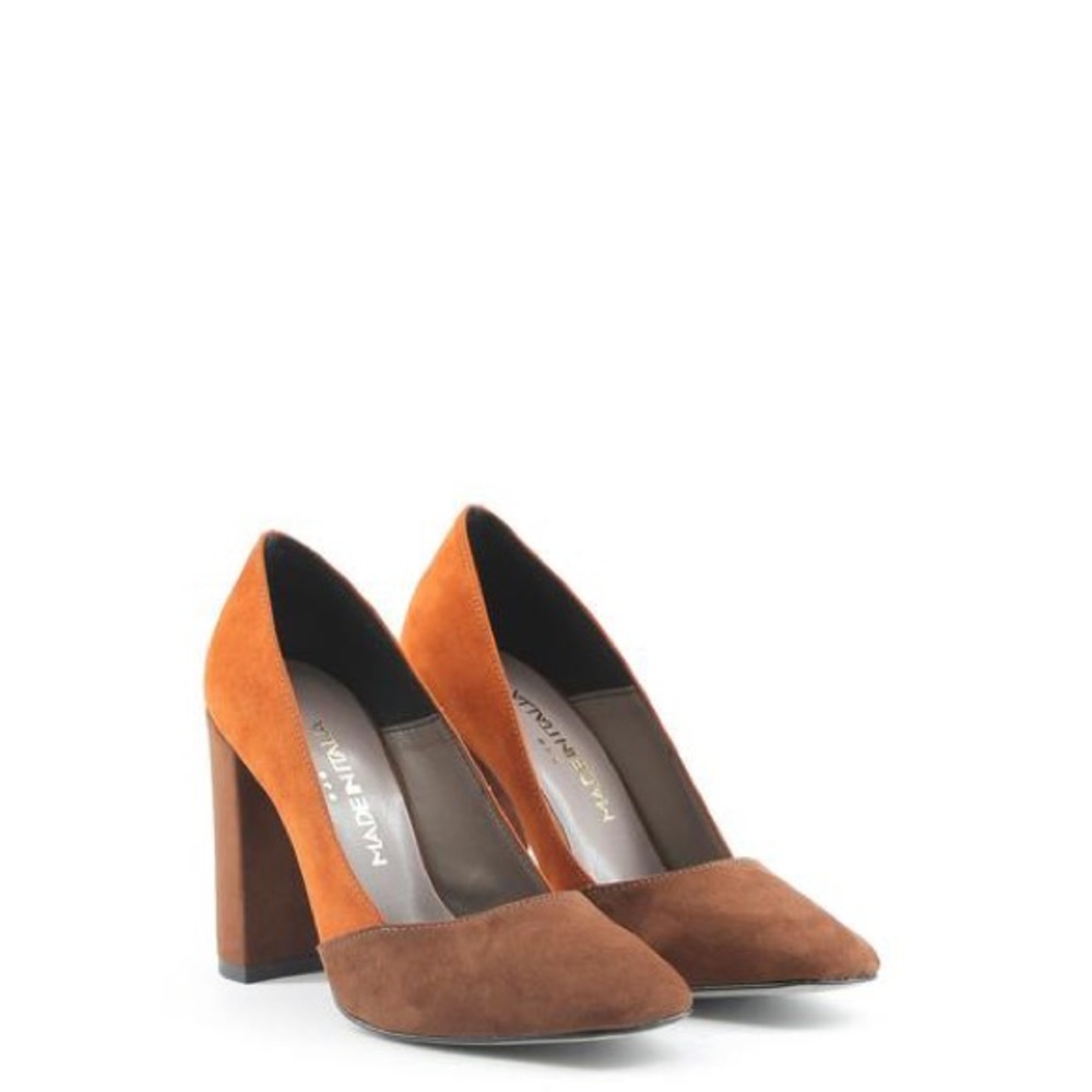 Brown color block high heels pumps